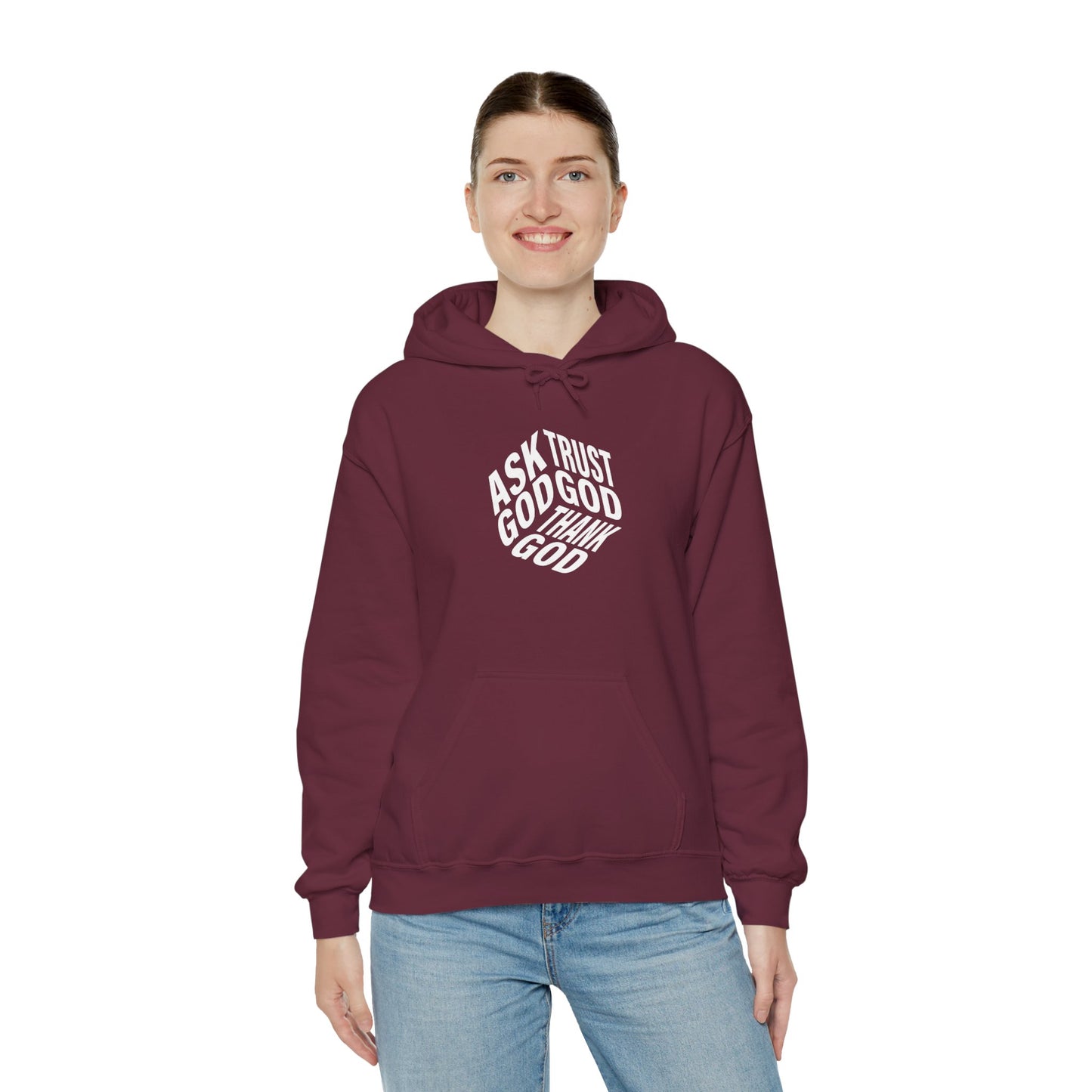 Faith-Inspired Heavy Blend Hoodie - Ask God Trust God Thank God - Cozy Sweatshirt for Faith, Gratitude, Spirituality, Relaxation