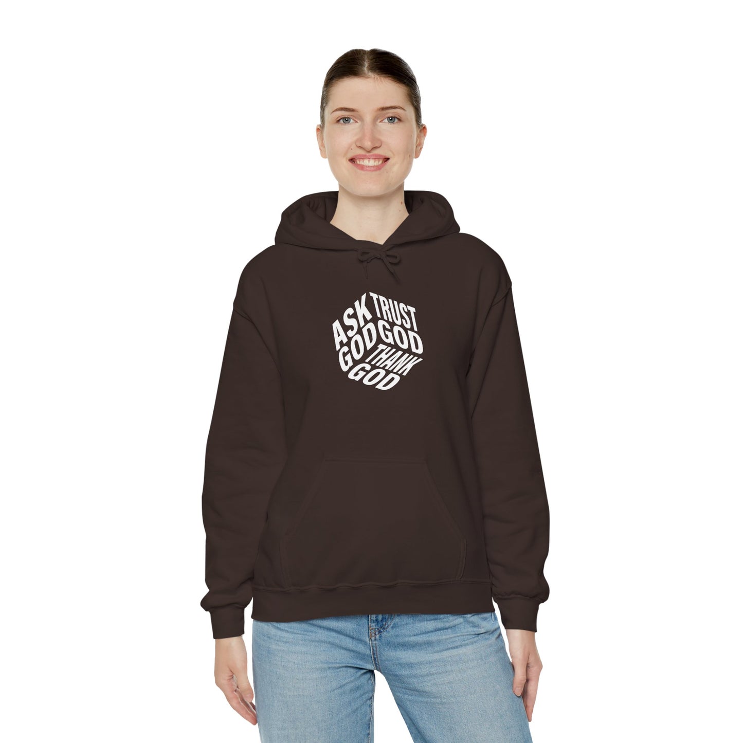 Faith-Inspired Heavy Blend Hoodie - Ask God Trust God Thank God - Cozy Sweatshirt for Faith, Gratitude, Spirituality, Relaxation