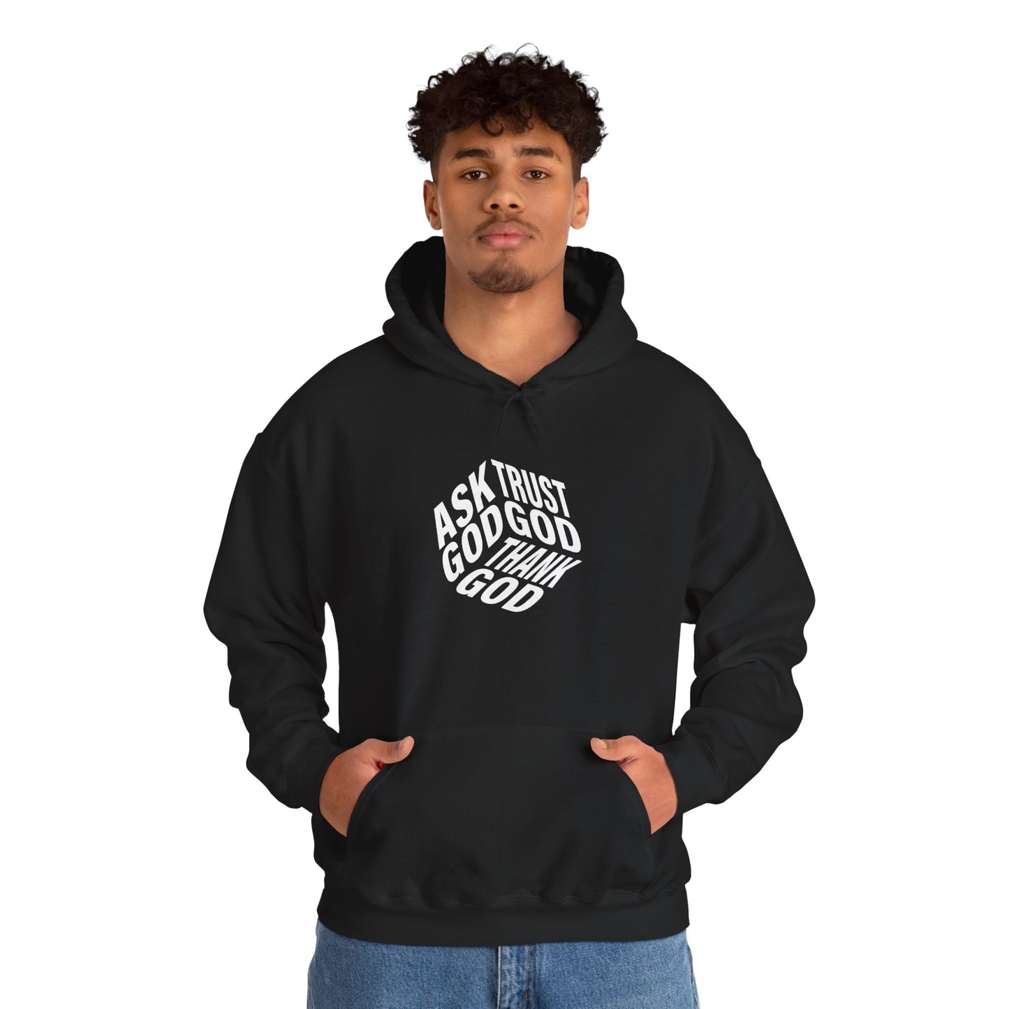 Faith-Inspired Heavy Blend Hoodie - Ask God Trust God Thank God - Cozy Sweatshirt for Faith, Gratitude, Spirituality, Relaxation