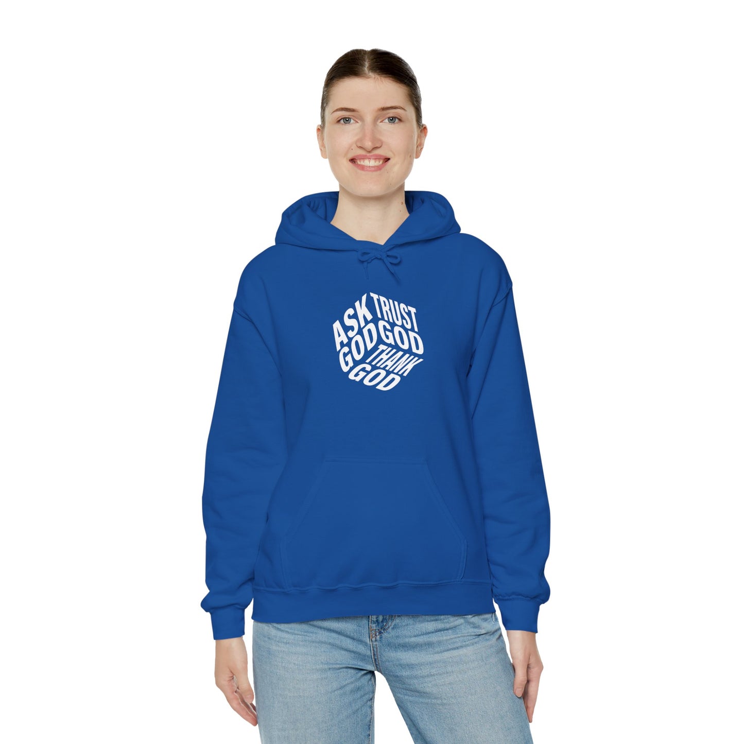 Faith-Inspired Heavy Blend Hoodie - Ask God Trust God Thank God - Cozy Sweatshirt for Faith, Gratitude, Spirituality, Relaxation