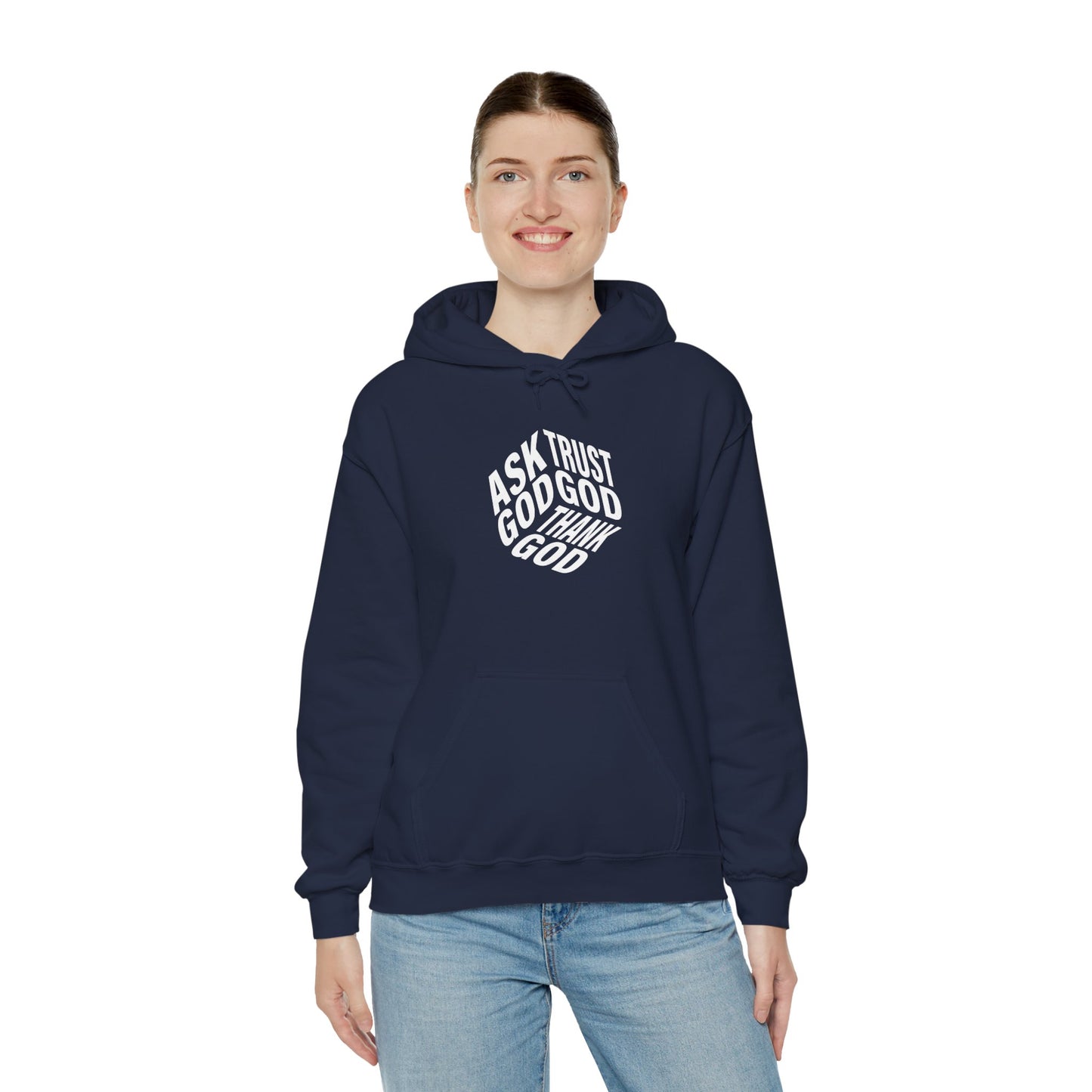 Faith-Inspired Heavy Blend Hoodie - Ask God Trust God Thank God - Cozy Sweatshirt for Faith, Gratitude, Spirituality, Relaxation
