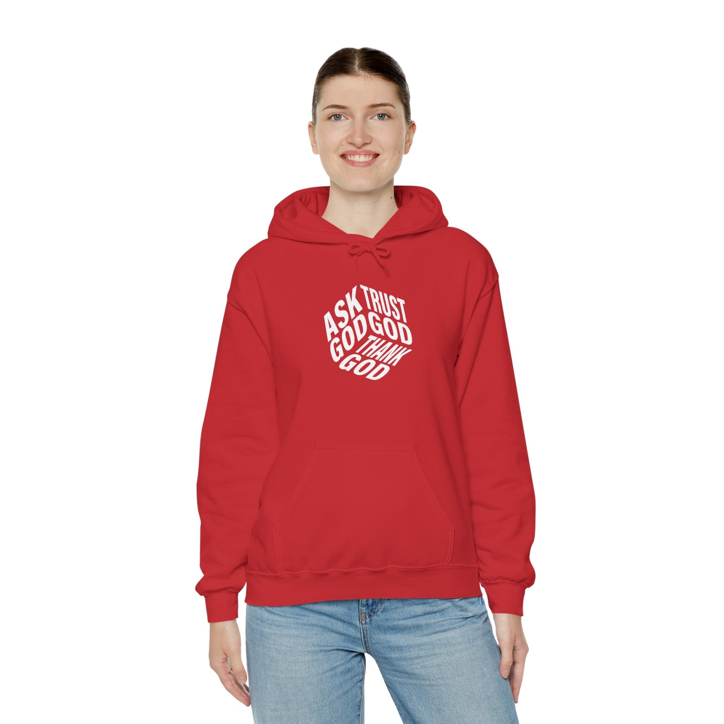 Faith-Inspired Heavy Blend Hoodie - Ask God Trust God Thank God - Cozy Sweatshirt for Faith, Gratitude, Spirituality, Relaxation