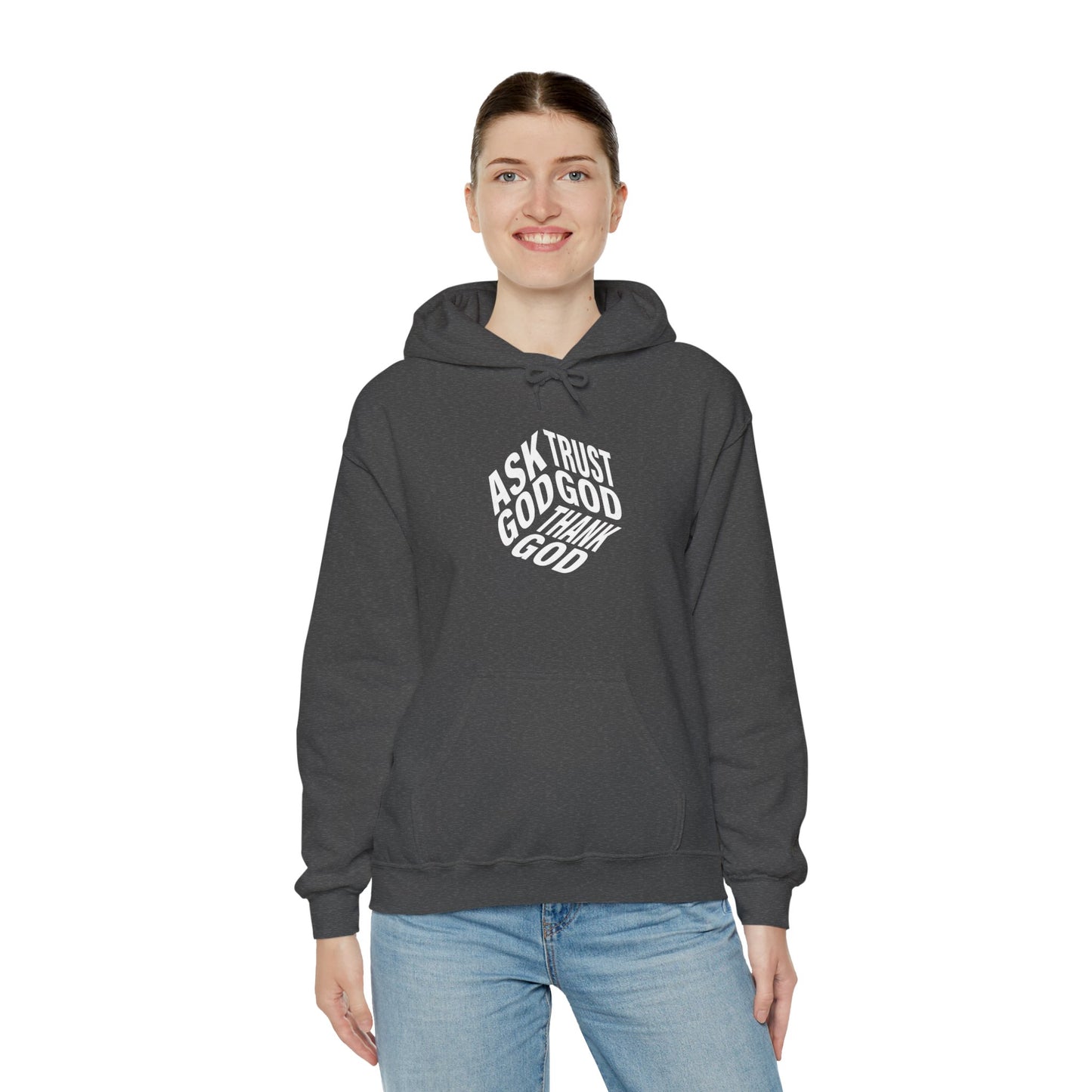 Faith-Inspired Heavy Blend Hoodie - Ask God Trust God Thank God - Cozy Sweatshirt for Faith, Gratitude, Spirituality, Relaxation