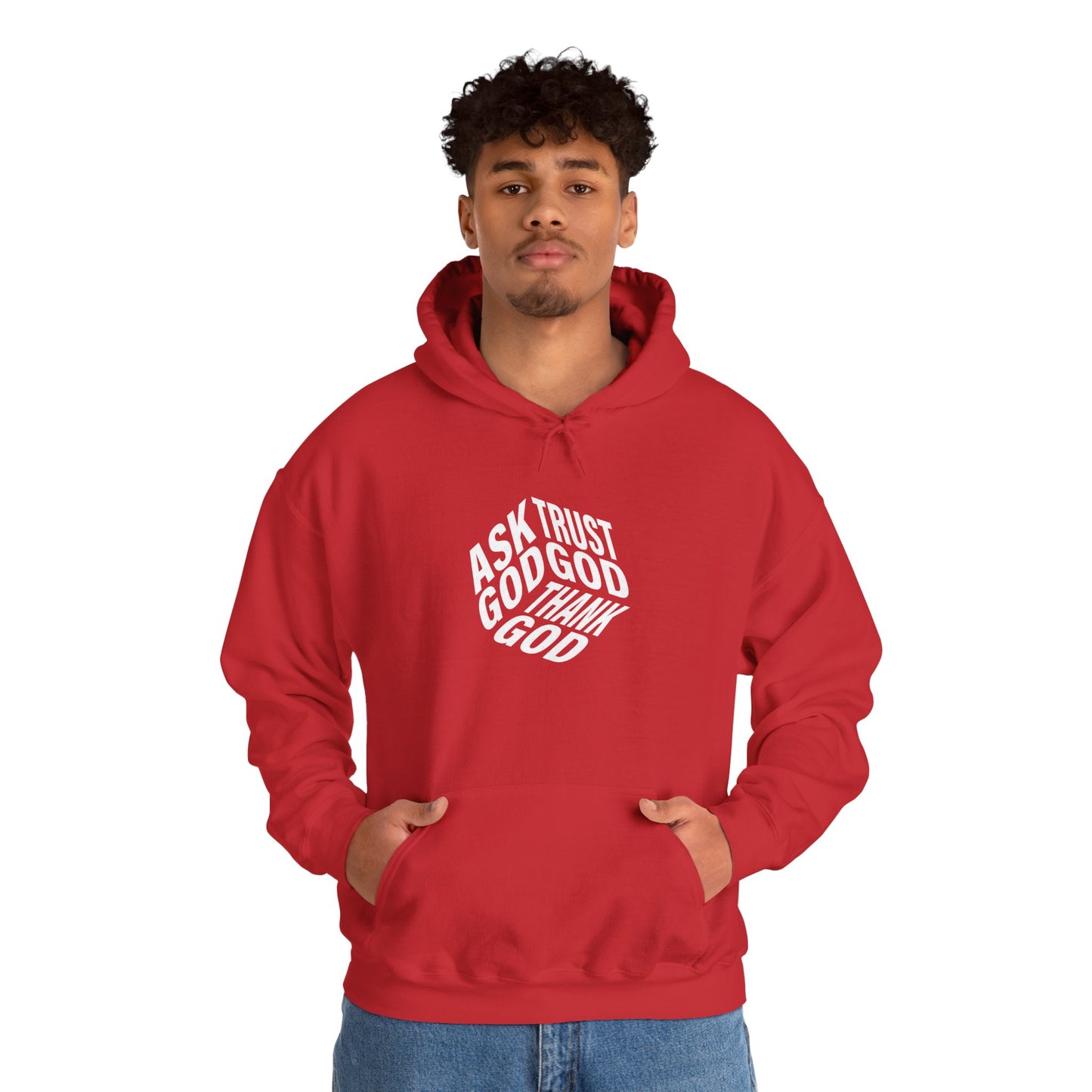 Faith-Inspired Heavy Blend Hoodie - Ask God Trust God Thank God - Cozy Sweatshirt for Faith, Gratitude, Spirituality, Relaxation