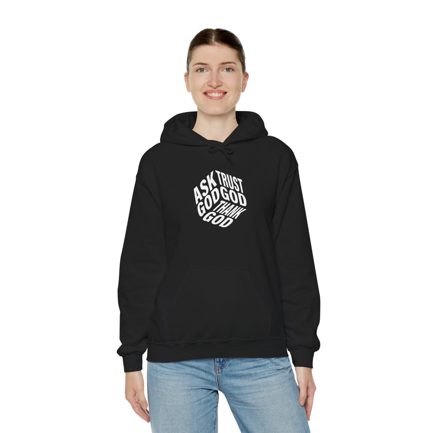 Faith-Inspired Heavy Blend Hoodie - Ask God Trust God Thank God - Cozy Sweatshirt for Faith, Gratitude, Spirituality, Relaxation