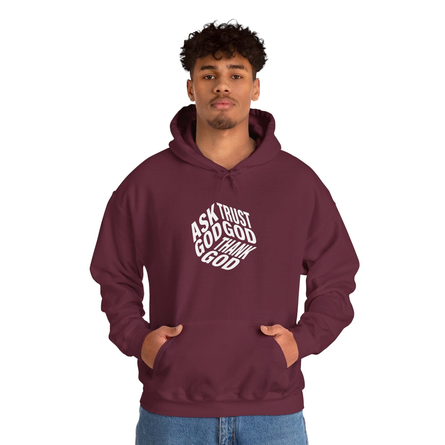 Faith-Inspired Heavy Blend Hoodie - Ask God Trust God Thank God - Cozy Sweatshirt for Faith, Gratitude, Spirituality, Relaxation