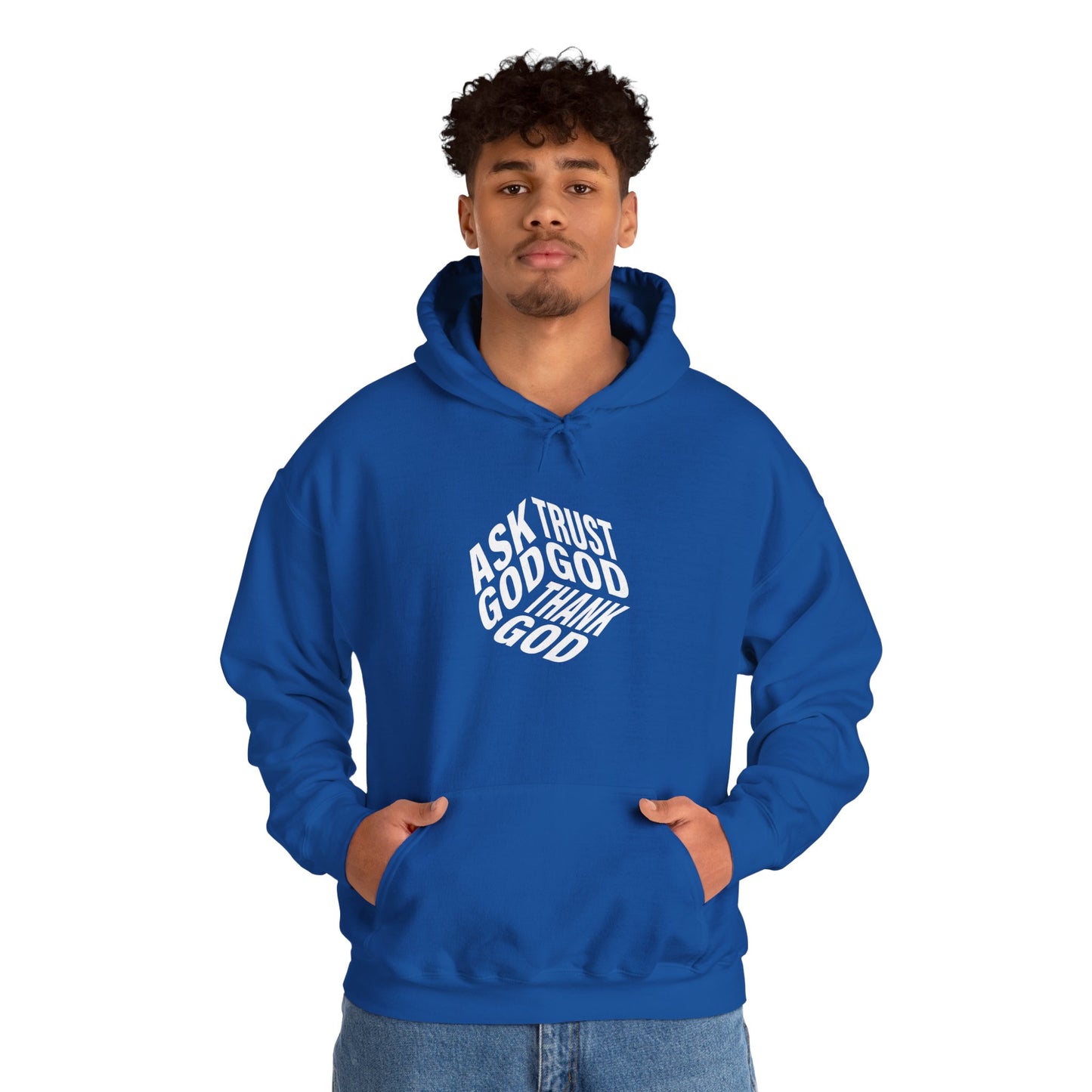 Faith-Inspired Heavy Blend Hoodie - Ask God Trust God Thank God - Cozy Sweatshirt for Faith, Gratitude, Spirituality, Relaxation