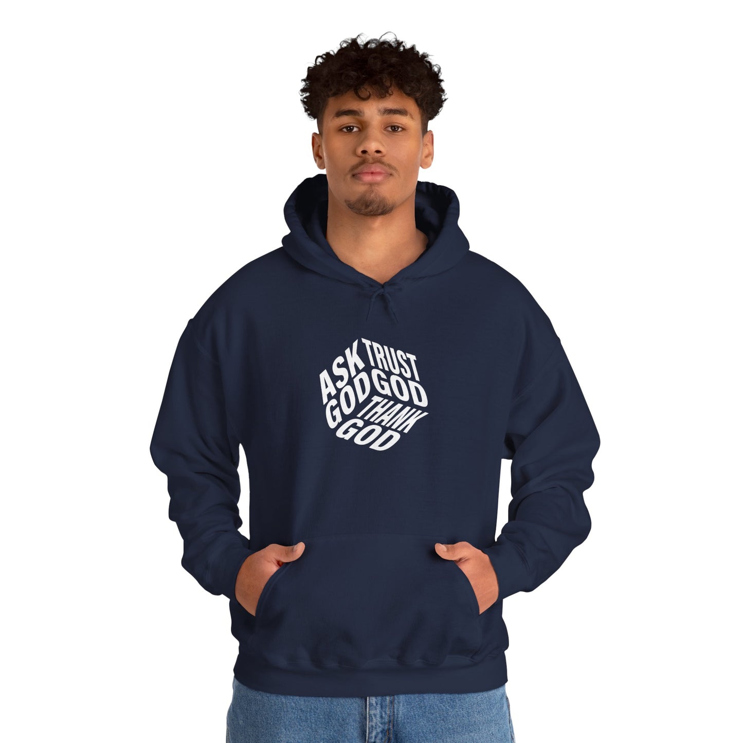 Faith-Inspired Heavy Blend Hoodie - Ask God Trust God Thank God - Cozy Sweatshirt for Faith, Gratitude, Spirituality, Relaxation