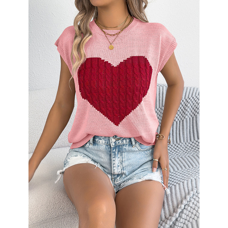 Women's Heart Color Block Knit Top - Casual Sleeveless Valentine Shirt