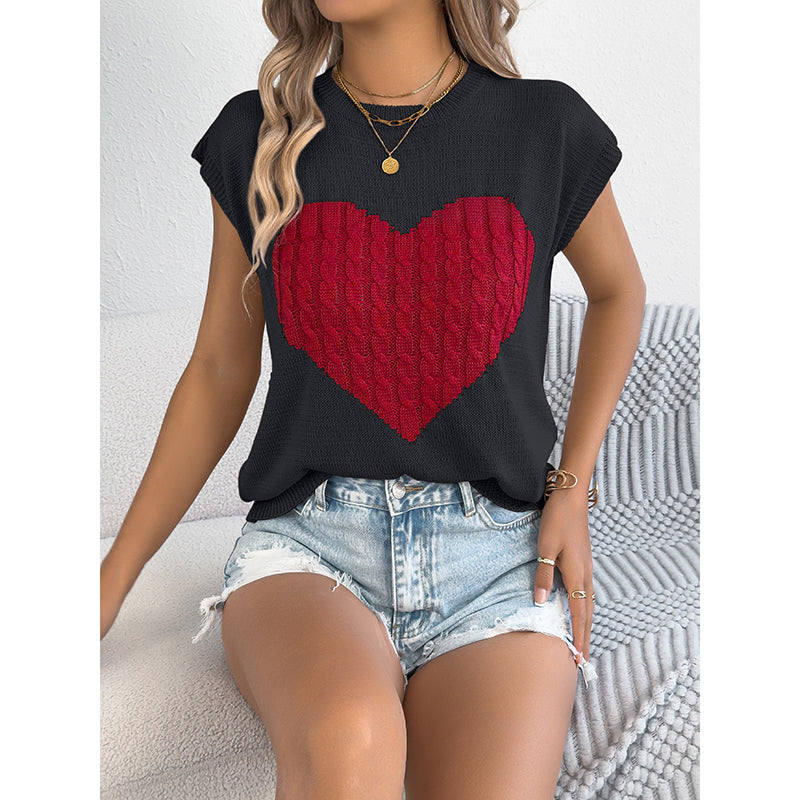 Women's Heart Color Block Knit Top - Casual Sleeveless Valentine Shirt
