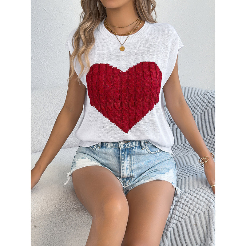 Women's Heart Color Block Knit Top - Casual Sleeveless Valentine Shirt