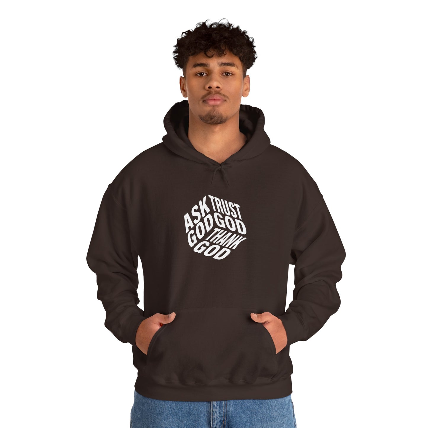Faith-Inspired Heavy Blend Hoodie - Ask God Trust God Thank God - Cozy Sweatshirt for Faith, Gratitude, Spirituality, Relaxation